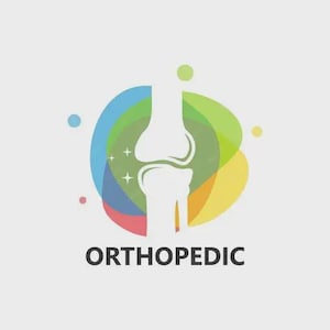 May include: A logo for an orthopedic practice. It features a white illustration of a knee joint, set within a colourful, layered circular design. The design uses blue, green, yellow, and red, with the word "ORTHOPEDIC" in black below.