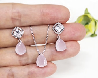 Bridesmaid gift set- birthstone necklace, birthstone earring, pink necklace, pink earring, cubic zirconia earring