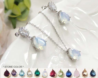Bridesmaid gift set- moonstone necklace,moonstone earring, birthstone necklace,cubic zirconia earring, Bridesmaid gift, birthstone earring