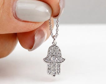 Hamsa Hand Necklace, Crystal Hamsa Necklace silver for women, Protection Necklace, Minimalist Necklace, Hand of Fatima, Evil Eye Necklace