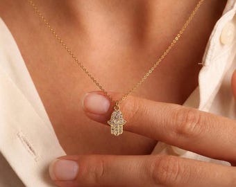 Hamsa Hand Necklace, Crystal Hamsa Necklace Gold, Protection Necklace, Dainty Necklace, Hand of Fatima, Evil Eye Necklace