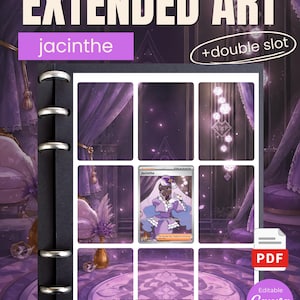 May include: A black 9-card binder set template with a purple room background. The text reads EXTENDED ART, jacinthe, +double slot, 9 CART BINDER SET, and PDF. A single trading card featuring a character named Jacinthe is centered in the grid.
