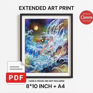 May include: An extended art print featuring a vibrant, colorful ocean wave scene with a full moon in a starry sky, displayed in a black frame. The text reads EXTENDED ART PRINT, Editable Canva Template, PDF, and CARD NOT INCLUDED, 8*10 INCH + A4.
