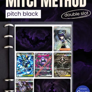 Puede incluir: Una plantilla de página de carpeta negra titulada MITCI METHOD pitch black double slot, que presenta seis áreas rectangulares para mostrar tarjetas. El diseño incluye fondos de humo púrpura y varias tarjetas coleccionables ilustradas con texto en japonés.