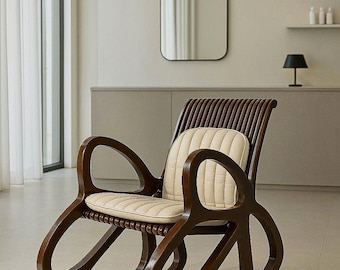 Modern Walnut Rocking Chair, Bentwood Lounge Rocker, Cream Cushioned Accent Chair, Living Room Chair