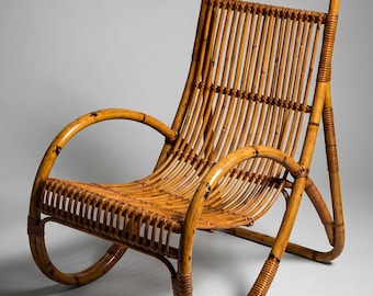 Poltrona lounge vintage in rattan, poltrona d'accento in canna di bambù, poltrona intrecciata in stile boho