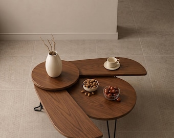 Tiered Walnut Coffee Table with Hairpin Legs | Mid Century Modern Modular Center Table | Multi-Level Coffee Table