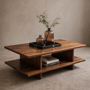 Mesa de centro moderna de nogal con estante de almacenamiento / Mesa de centro de madera orgánica Japandi