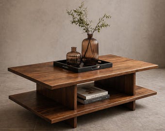 Modern Walnut Coffee Table with Storage Shelf | Japandi Organic Wood Center Table