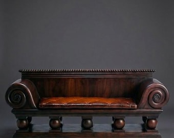 Carved Wooden Daybed Bench, Dark Wood Settee with Rolled Arms, Brown Cushion Entryway Bench