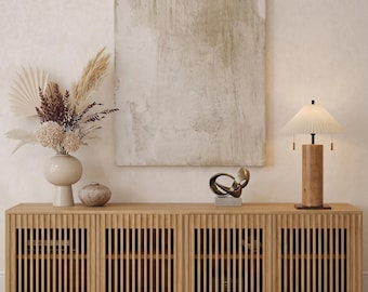 Slatted Wood TV Stand, Modern Media Console, Japandi Low Sideboard Storage Cabinet