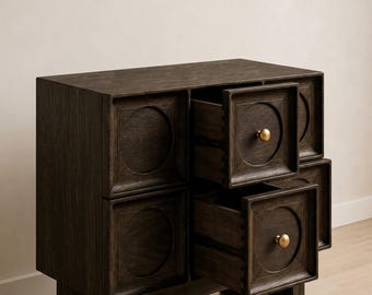 Table de chevet en bois foncé, meuble de nuit géométrique à 6 panneaux, table d'appoint de rangement moderne, meuble de chambre avec poignée en laiton