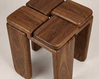 Taburete de nogal, mesa auxiliar escultural, soporte para plantas Japandi, mesa auxiliar de madera moderna y orgánica