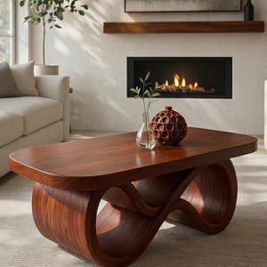 May include: A modern, dark wood coffee table with a unique, flowing base design. The table has a smooth, rectangular top and is approximately 48 inches long. A decorative vase and a glass vase with greenery sit on top.
