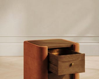 Modern Walnut Nightstand, Rust-Orange Side Cabinet, Two Drawer Bedside Table