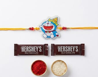 キッズラキ ロリチャワル＆チョコレート付き (2個) |子供向けラクシャ バンダン ラキ コンボ |兄弟用のかわいいラキセット