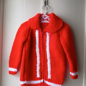 1970s bright red handknit sweater / Vintage red & white cableknit sweater jacket / Vintage knit jumper / toddler size 6 to 12 months image 1