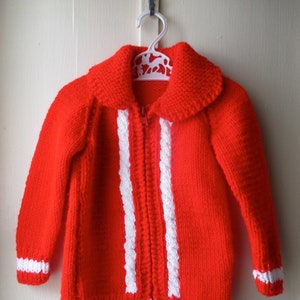 1970s bright red handknit sweater / Vintage red & white cableknit sweater jacket / Vintage knit jumper / toddler size 6 to 12 months image 3