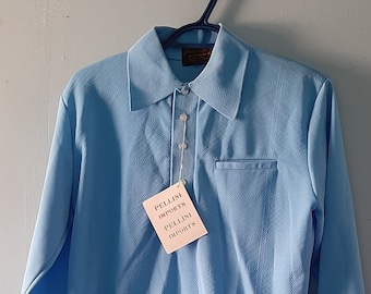 Men's Vintage New Old Stock textured polyester shirt in cornflower blue / MOD Pellini Imports button up shirt,  Size Small to Medium