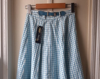 1950s New Old Stock Holiday in Arnel Circle Skirt, Blue & White checked pattern Swing Skirt, Picnic Skirt by Travel Togs. Size XXS - XS