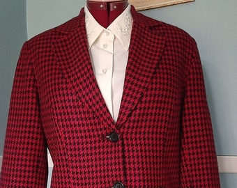 Vintage Red and Black Houndstooth Blazer by 'Lindor' / 80s 90s Single breasted boyfriend blazer, Size 12