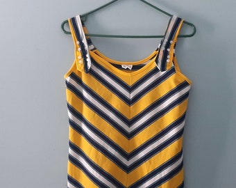 70s 'Lady Gloria' bright yellow and blue chevron nylon tank top / Bumble bee stripe stretchy sleeveless top / Size Medium