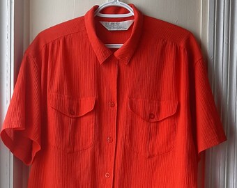 Vintage 'St. Michael' gauzy red orange blouse / 90s cotton blend button up blouse / Size Large