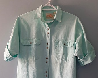 chemise boutonnée vintage Canary Island Adventure & Travel Co., chemisier safari en coton vert menthe, taille S