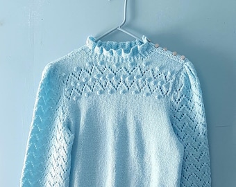 Vintage handknit pointelle sweater w/ ruffle neck, popcorn knit, delicate baby blue  spring sweater with silver buttons, size small