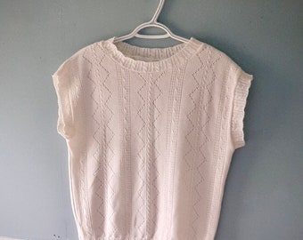Vintage 'Lilian' Summer Knit Sweater, Pearly White Pointelle Knit Top with Capped Sleeves / Size Large