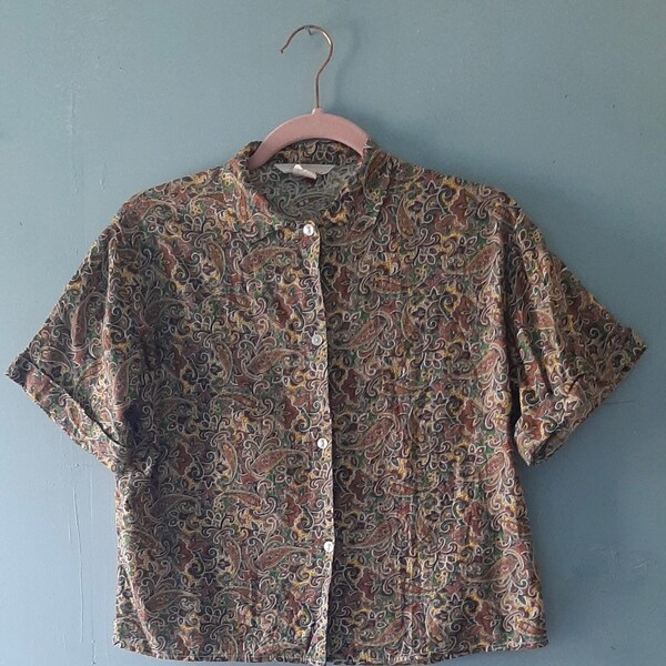 Vintage 60s/70s 'Lady Margaret' Blouse / Groovy Paisley Print /. Short Sleeve Boxy Style Cropped Blouse/