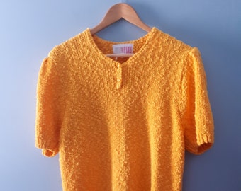 Lady Plus 1980's Boucle Knit Sweater in mustard yellow / Nubby knit short sleeve sweater /Nubby knit jumper / Size Large to XL