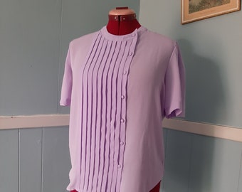 Vintage Semi-Sheer Asymmetrical Pleated Blouse / Simpsons Blouse / 1970s lavender polyester blouse/ Size 14
