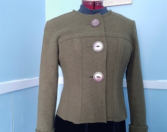 Vintage Moss Green Boiled Wool Jacket / Fitted short wool jacket / Short Spring Coat /  size 12