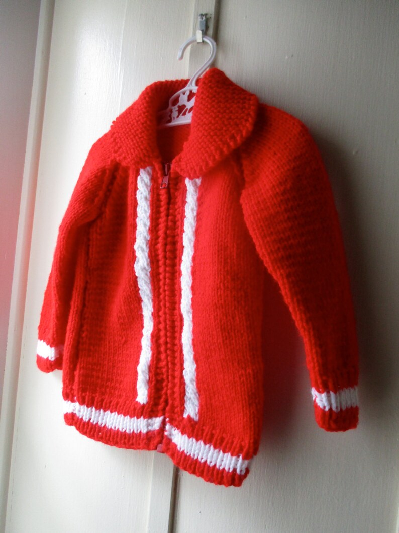 1970s bright red handknit sweater / Vintage red & white cableknit sweater jacket / Vintage knit jumper / toddler size 6 to 12 months image 5