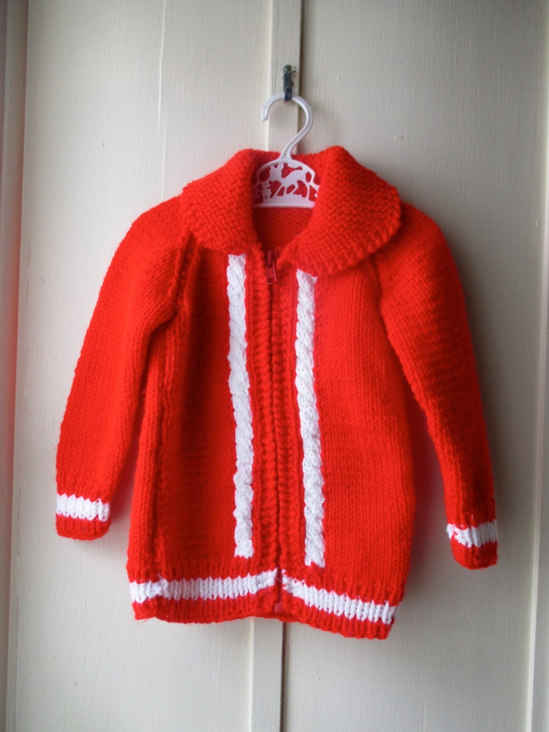 1970s bright red handknit sweater / Vintage red & white cableknit sweater jacket / Vintage knit jumper / toddler size 6 to 12 months image 1