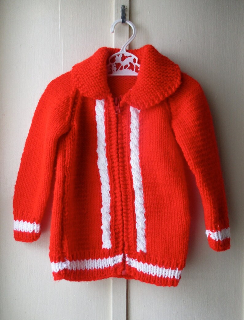 1970s bright red handknit sweater / Vintage red & white cableknit sweater jacket / Vintage knit jumper / toddler size 6 to 12 months image 3