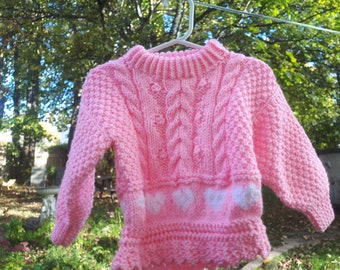 Vintage cotton candy pink cableknit sweater with hearts / 1980s pullover hand knit sweater / Baby girl 6 to 12 months