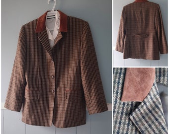 Vintage 1980s Plaid Wool Blend Blazer, EQUESTRIAN style riding jacket, Bulgarian Plaid Blazer, Size 12