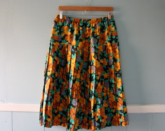 Vintage dropped waist midi skirt with a gold, green, and blue floral print  / elastic waist accordion pleated skirt / size small to medium