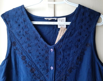 Vintage hand dyed indigo blue embroidered top, new old stock sweet boho rayon sleeveless shirt,  Festival tank, small to medium Size 16