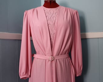 Vintage Dusty Rose Midi Dress/ 70s 80s Draped Fancy Dress with belt and faux pearl detailing / Size medium to large