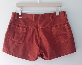Vintage New Old Stock Denim,1960s/70s Hip Huggers, Soft denim low rise shorts in mulberry,  Hot Pants, Daisy Duke short shorts