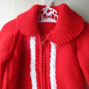 1970s bright red handknit sweater / Vintage red & white cableknit sweater jacket / Vintage knit jumper / toddler size 6 to 12 months image 2
