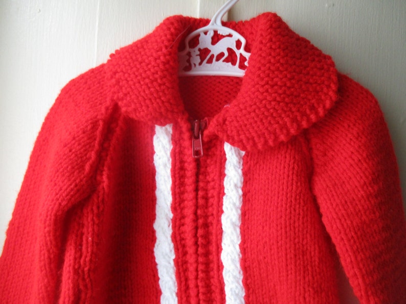 1970s bright red handknit sweater / Vintage red & white cableknit sweater jacket / Vintage knit jumper / toddler size 6 to 12 months image 2