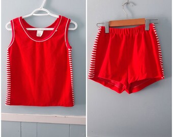 Super 70s/80s Red Velour Track Shorts & Tank Set / 2 piece short set with white piping / Kids SMALL / Gender neutral adult size XXS, XS.