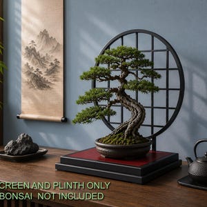 May include: A black circular grid screen mounted on a two-tiered rectangular plinth with a red top surface. The text "SCREEN AND PLINTH ONLY BONSAI NOT INCLUDED" is printed in green at the bottom of the image, indicating the bonsai is not part of the set.