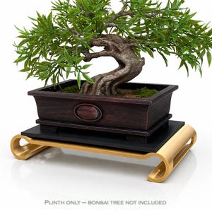 May include: A gold-colored metal display stand with curved legs and a flat black rectangular top. The stand features a smooth finish and a hollow design. The text at the bottom of the image reads: PLINTH ONLY - BONSAI TREE NOT INCLUDED.