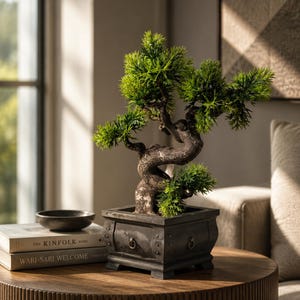 Puede incluir: Un bonsái decorativo con follaje verde vibrante y un tronco retorcido y texturizado. El árbol está en una maceta cuadrada oscura con detalles metálicos. Se encuentra sobre una mesa de madera junto a libros y un pequeño cuenco negro, creando una estética serena y natural.