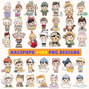 May include: A selection of cartoon character PNG designs, each with a distinctive outfit and accessory. The characters are shown in different poses and costumes, including animal-themed hats and outfits. The text "HACIPUPU +140 PNG DESIGNS" is displayed in a blue and orange banner.